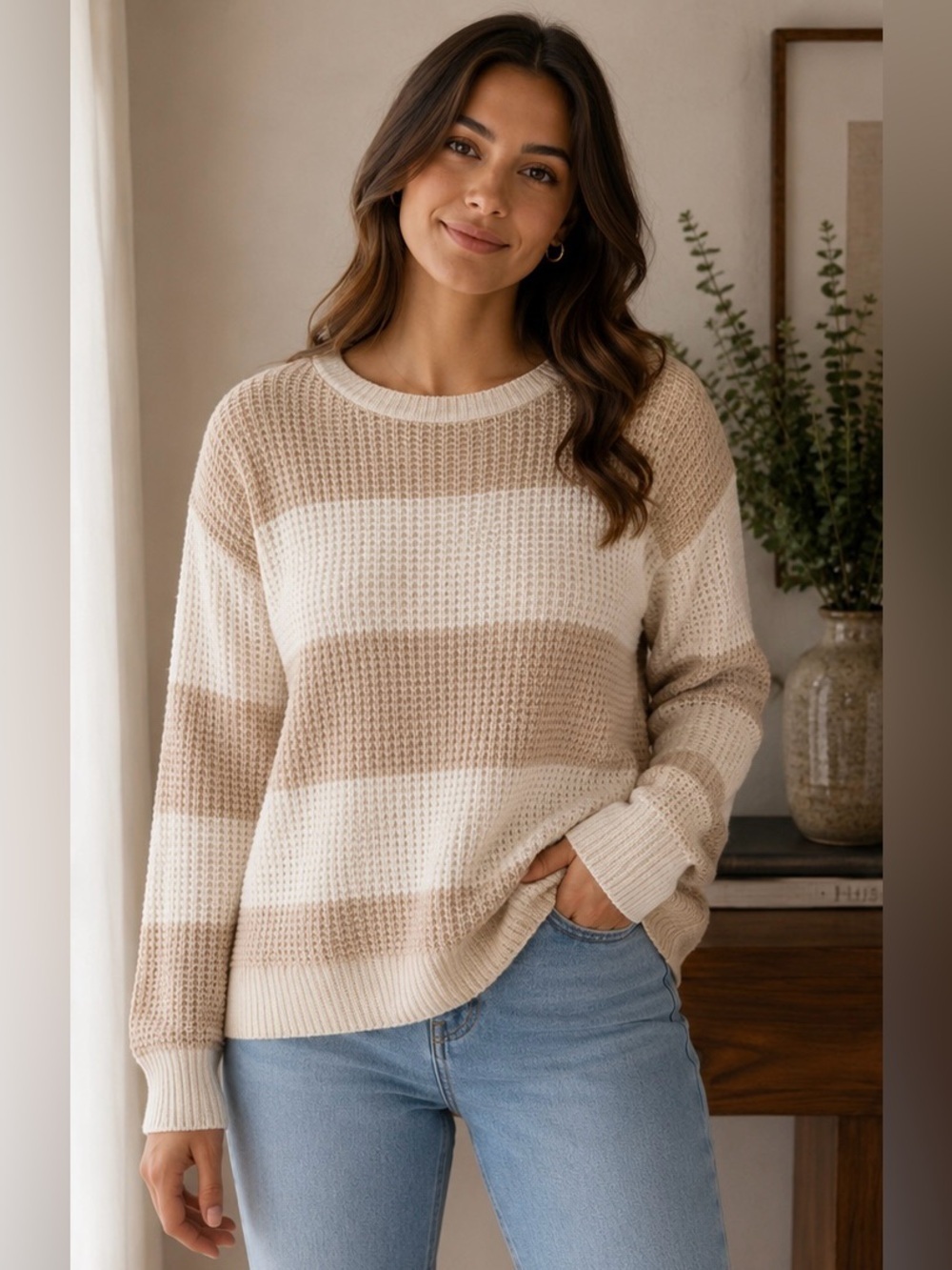 Pink Clover Cream and Tan Wide Stripe Crewneck Sweater